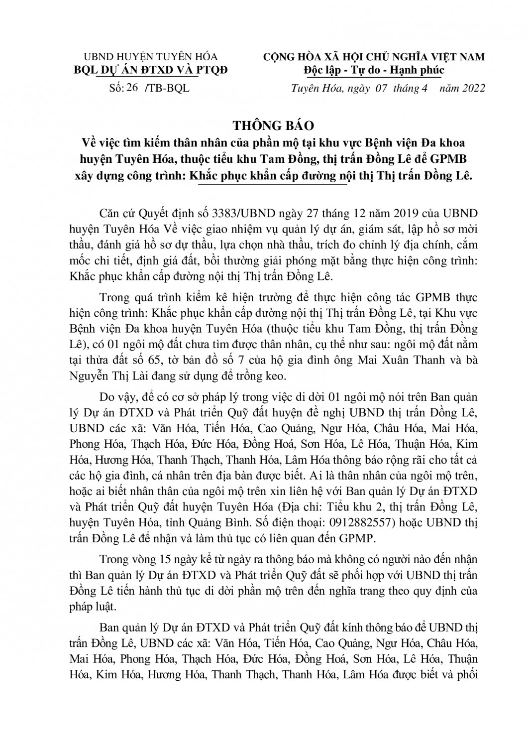 Thông báo về việc tìm kiếm thân nhân của phần mộ tại khu vực Bệnh viện Đa khoa huyện Tuyên Hóa, thuộc tiểu khu Tam Đồng, thị trấn Đồng Lê