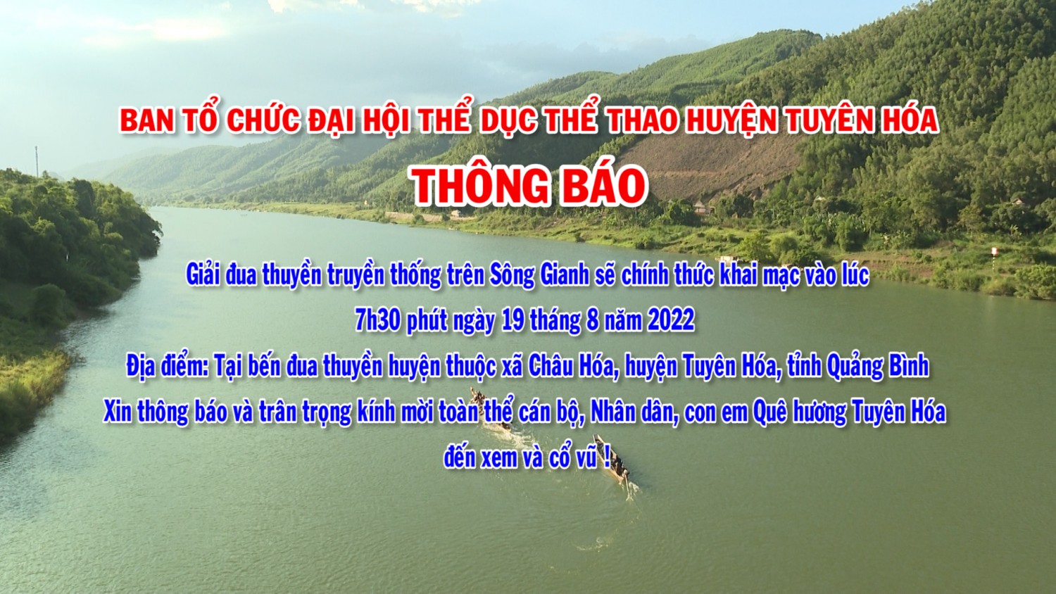 Thông báo về việc tổ chức giải đua thuyền truyền thống trên sông Gianh năm 2022