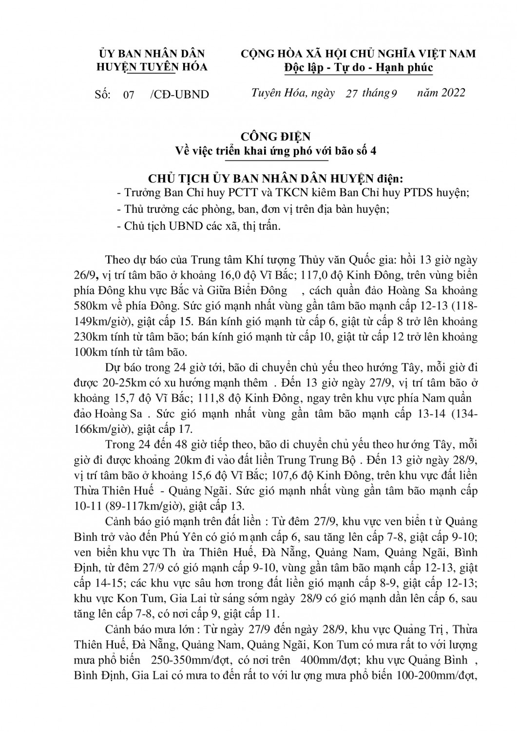 Công điện về việc triển khai ứng phó với bão số 4